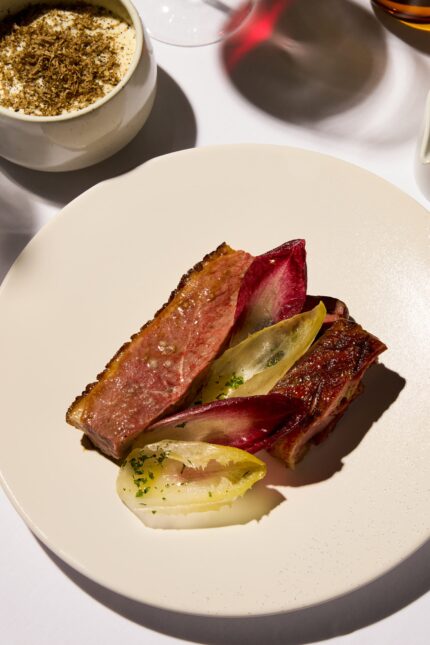 Perfectly cooked luxury meat entree featuring seasonal trimmings at Galvin London.