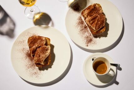 Gourmet coffee dessert served with fresh espresso at Galvin La Chapelle, London.